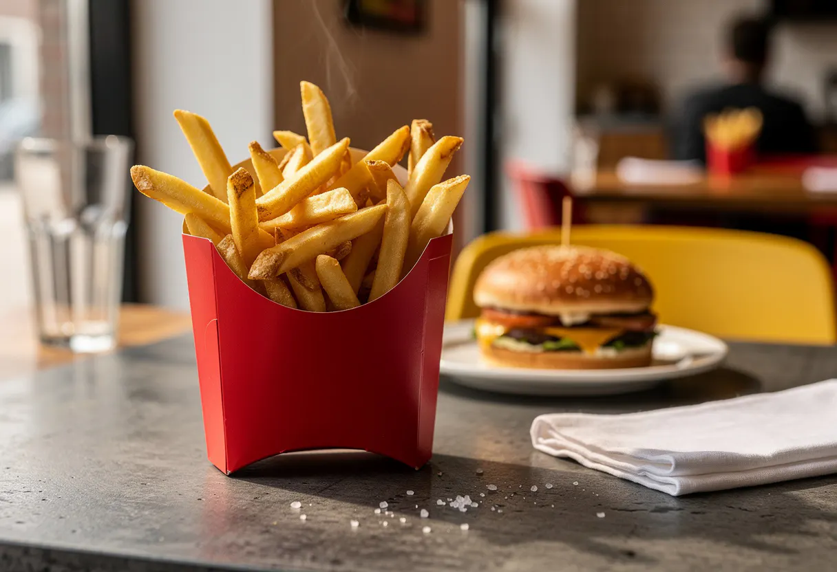 golden crispy french fries piled in a red holder on a dark concrete table
