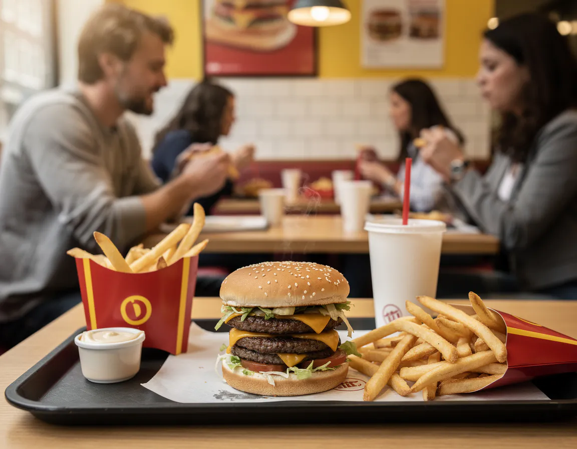 Big Mac with two beef patties, special sauce, lettuce and sesame bun on a dark tray