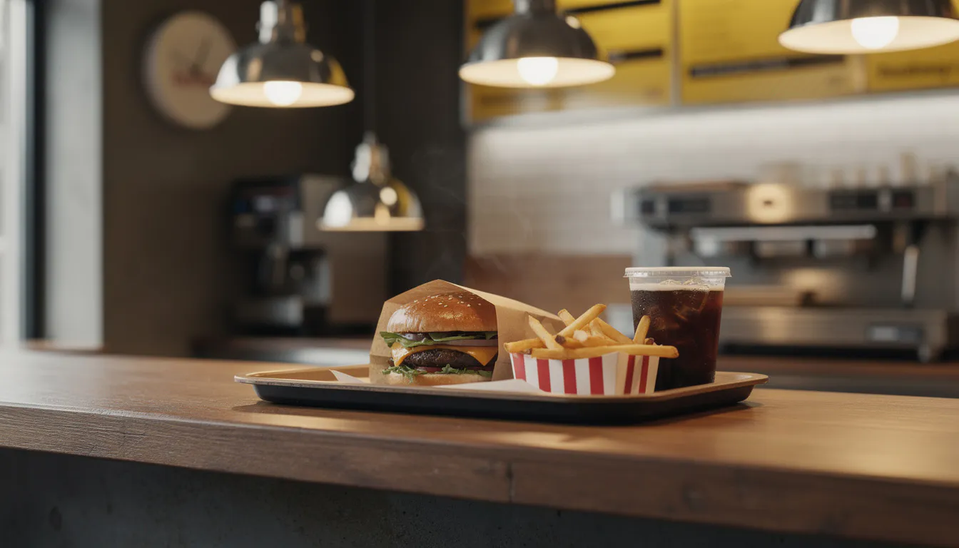 warm fast food counter with pendant lights and a service line, moody industrial interior
