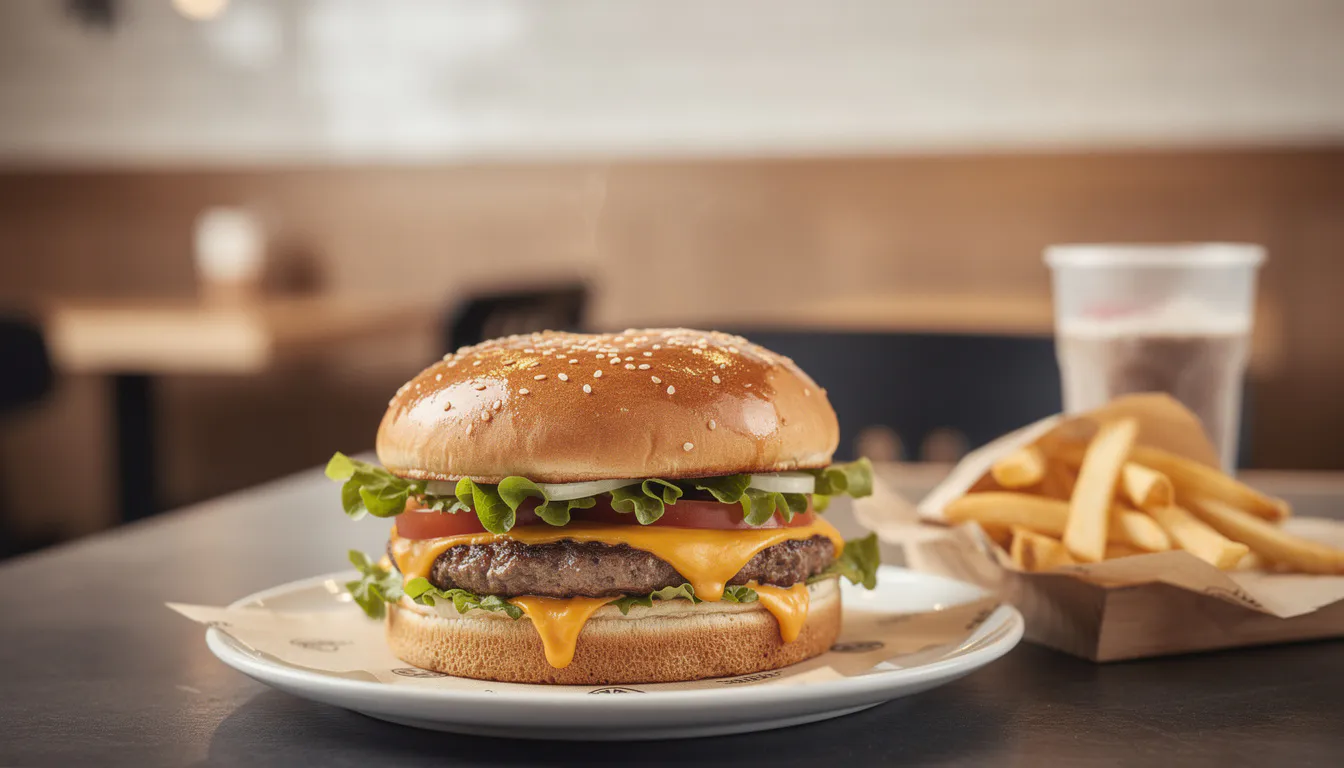 close-up of a freshly assembled burger with sesame bun, lettuce and melted cheese on a dark counter