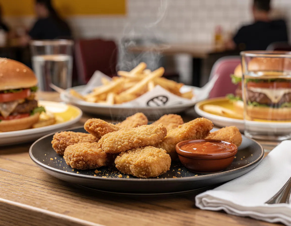 ten piece chicken McNuggets arranged on a dark plate with dipping sauce
