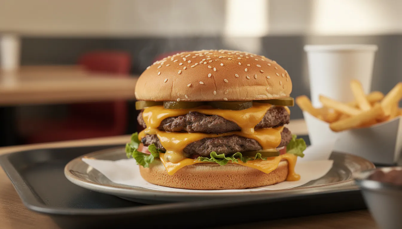 close-up of a stacked cheeseburger with melted cheese and sesame bun on a dark surface