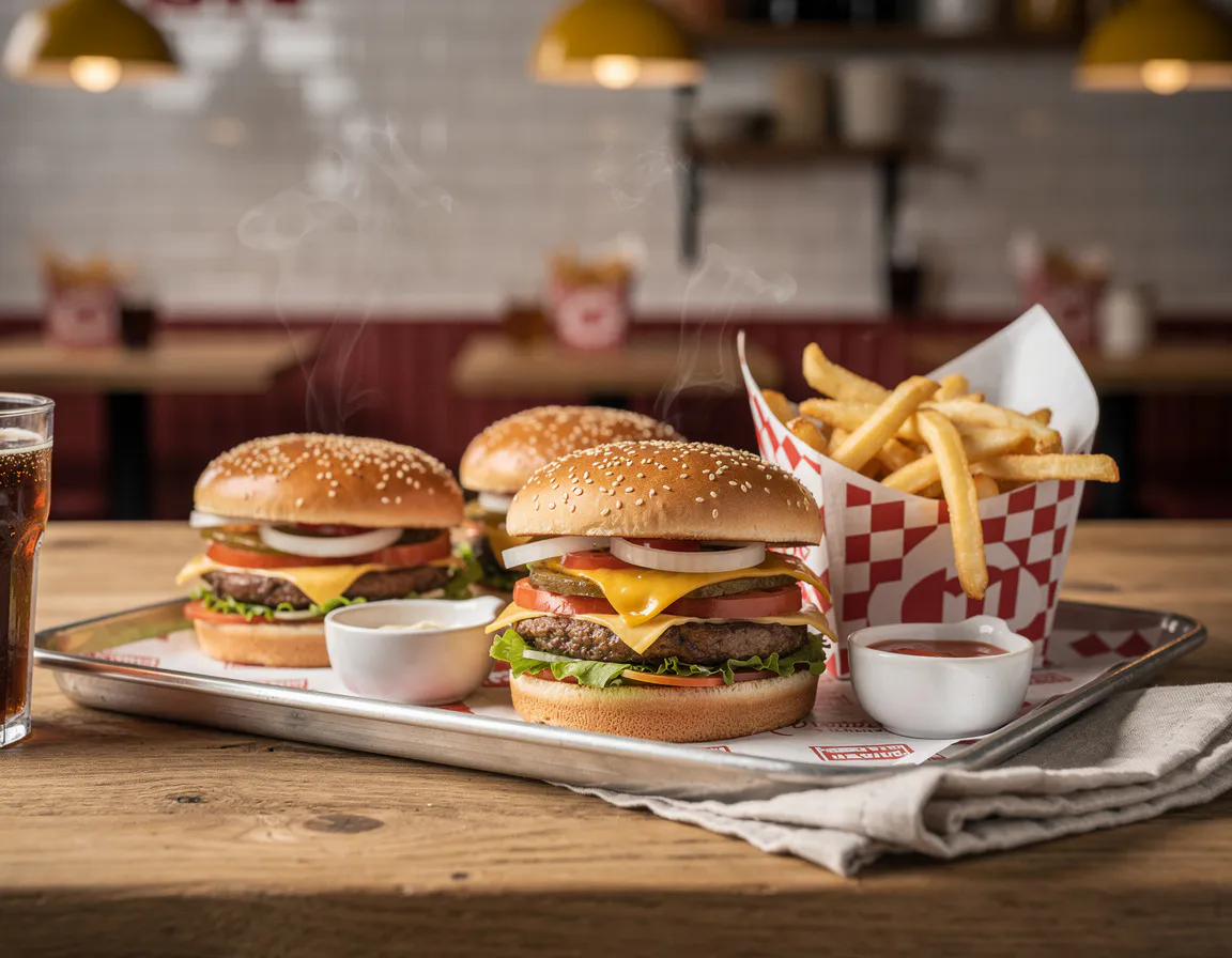 close-up of a tray of burgers and fries under warm pendant light at a fast food counter